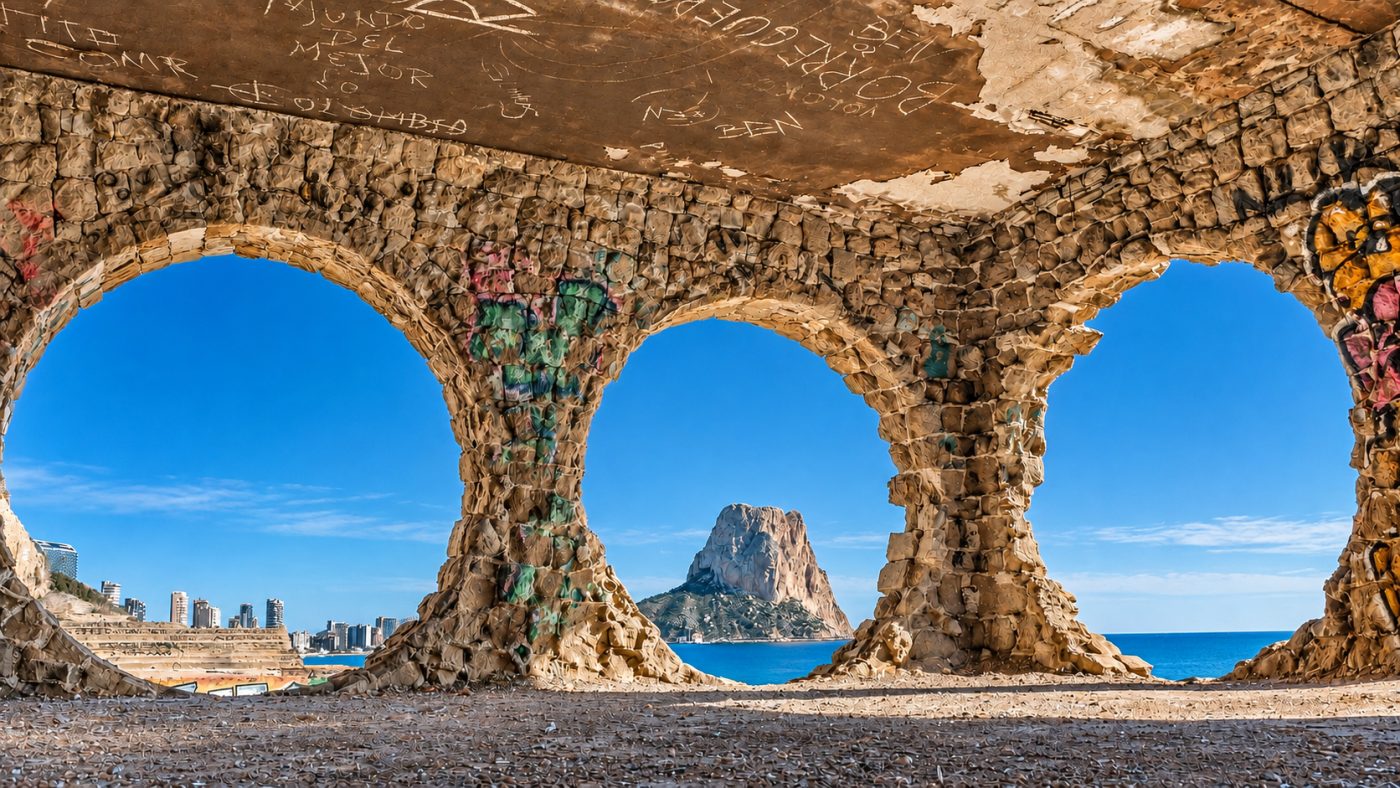 Arcos de piedra junto a la costa de Calpe con el Peñón de Ifach al fondo