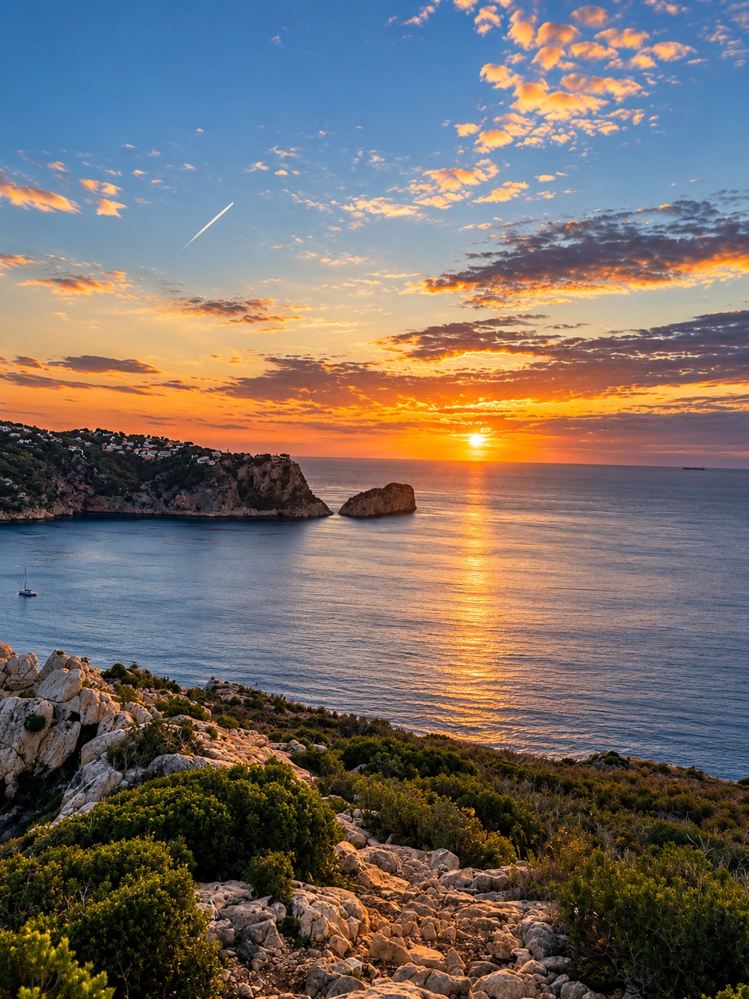 Cala de Jávea al atardecer con reflejo del sol en el mar
