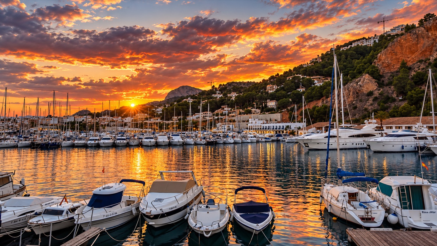 Puerto de Jávea al atardecer con embarcaciones amarradas