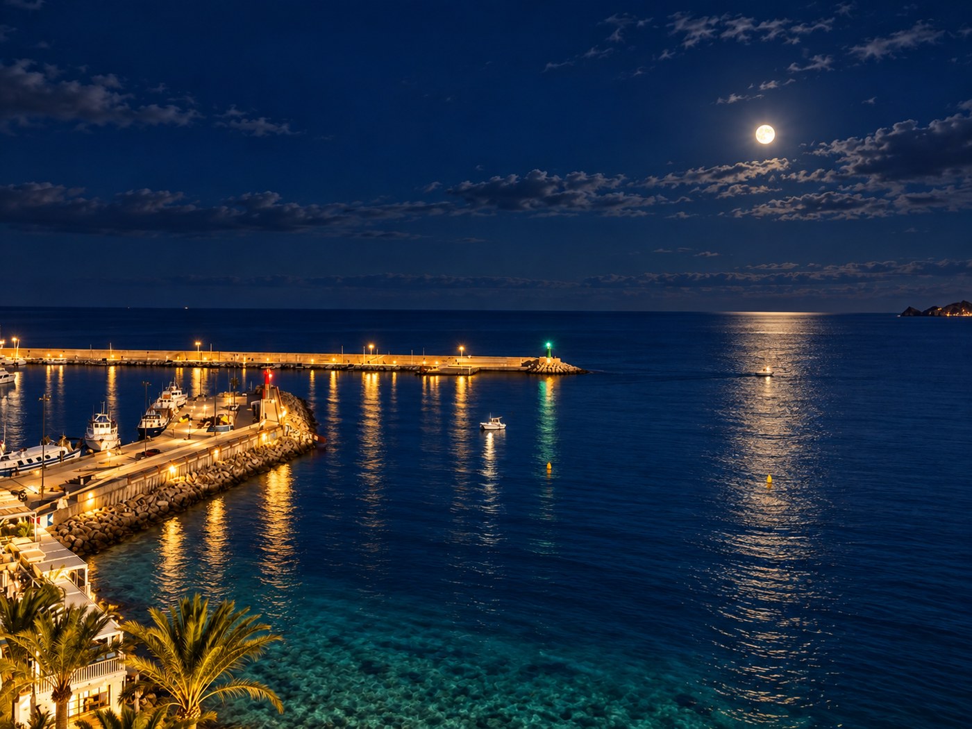 Puerto de Jávea de noche con luna sobre el Mediterráneo