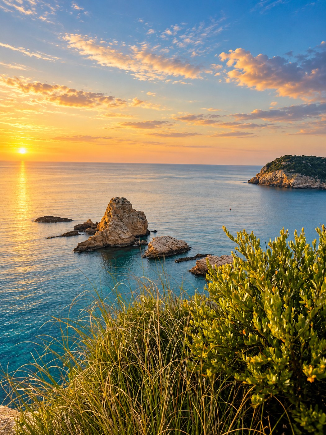 Cala rocosa de Jávea al atardecer junto al Mediterráneo