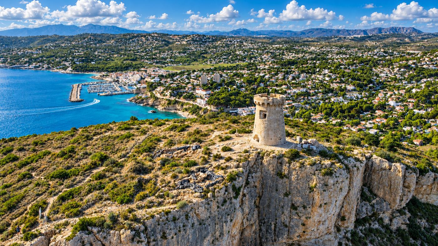 Torre del Cap d'Or sobre los acantilados de Moraira, con el puerto deportivo al fondo