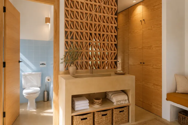Baño con ducha y acabados naturales en villa de Dénia