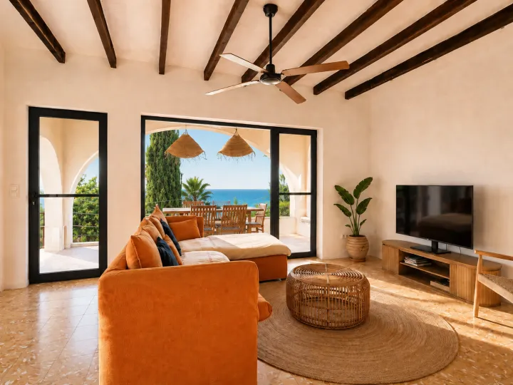 Salón principal con ventanales hacia el mar en villa de Dénia