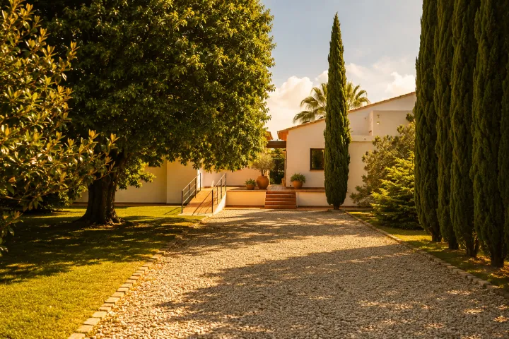 Acceso ajardinado a las dos villas de la finca en Ondara