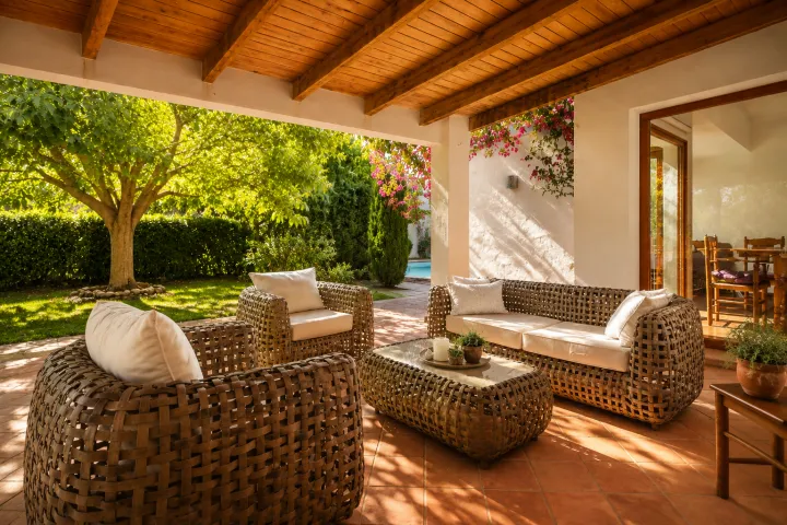 Terraza cubierta con zona de estar en finca mediterránea de Ondara