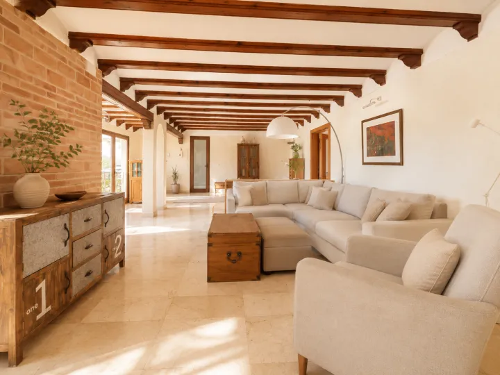Salón amplio con vigas de madera en villa mediterránea de Dénia