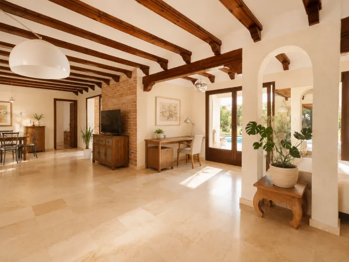 Salón comedor abierto con arcos y vigas en villa cerca de Dénia