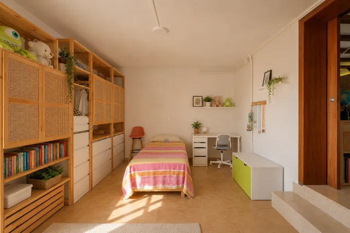 Dormitorio secundario con escritorio en villa mediterránea de Dénia