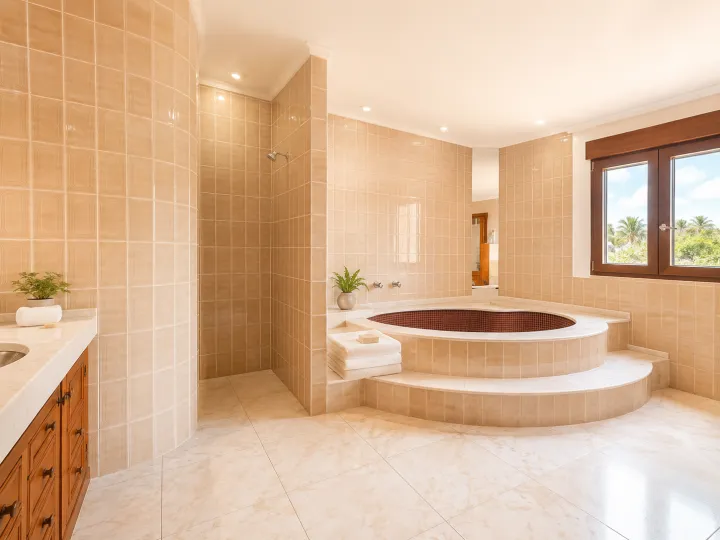 Baño amplio con bañera elevada en villa mediterránea de Dénia